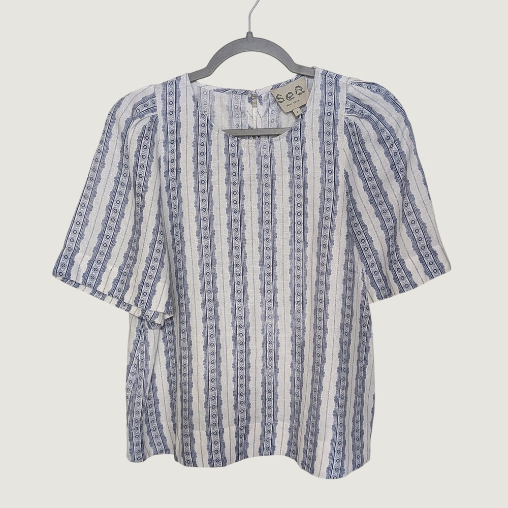 Sea New York Blue White Striped 100% Linen Puff Sleeve Blouse Size 6